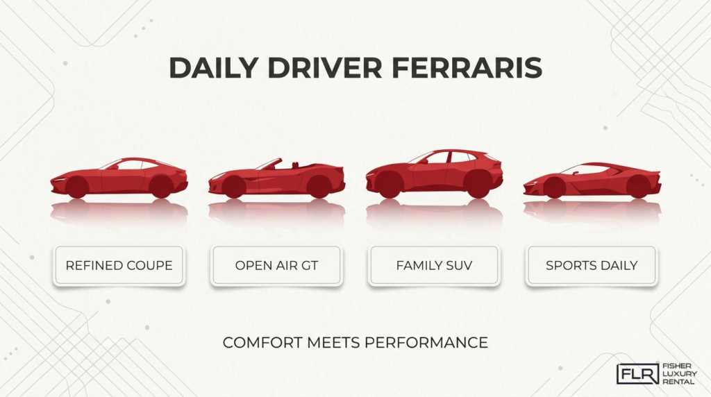 Daily driven Ferrari models infographic showing coupe, open-air GT, SUV, and sports daily options for comfort and performance.