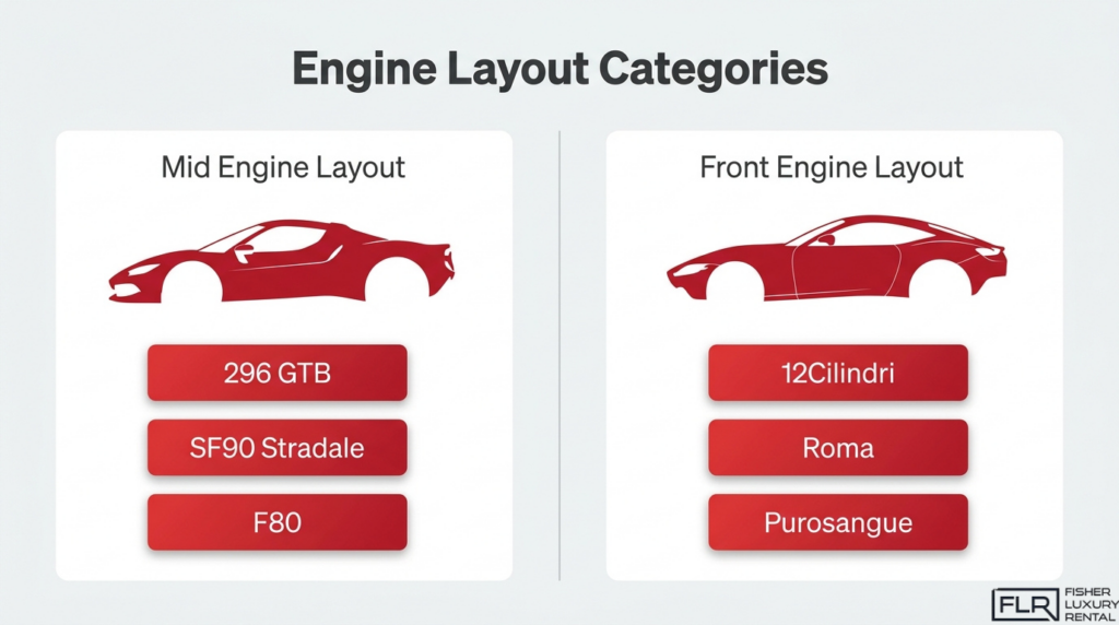 Ferrari engine layout comparison showing mid engine models and front engine models including 296 GTB, SF90 Stradale, Roma, and Purosangue.