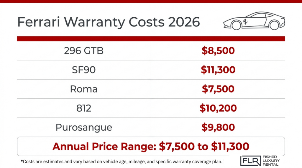 Ferrari warranty costs 2026 comparison table showing estimated annual coverage prices for popular Ferrari models.