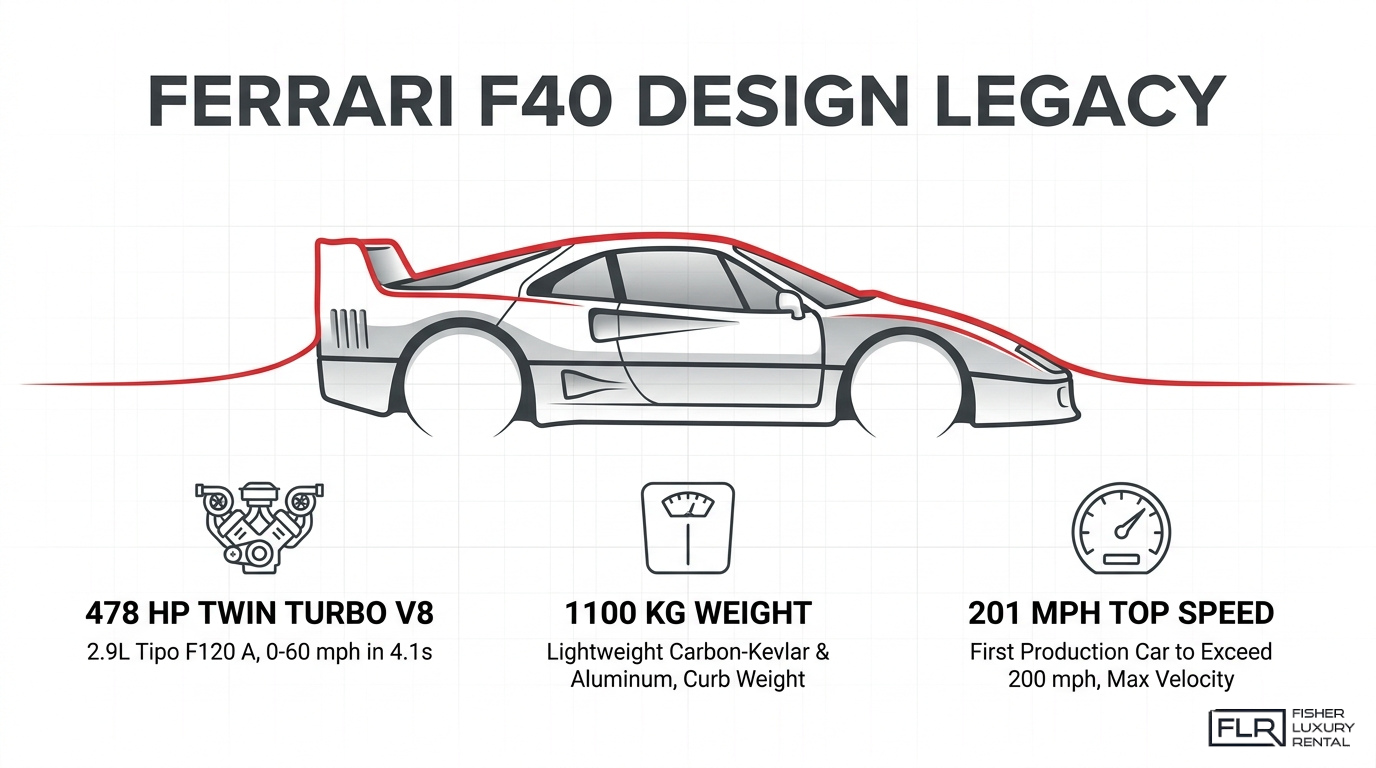Ferrari F40 design legacy banner showing side profile, twin turbo V8 power, lightweight construction, and 201 mph top speed.
