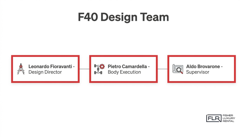 Ferrari F40 design team infographic featuring Leonardo Fioravanti, Pietro Camardella, and Aldo Brovarone roles.
