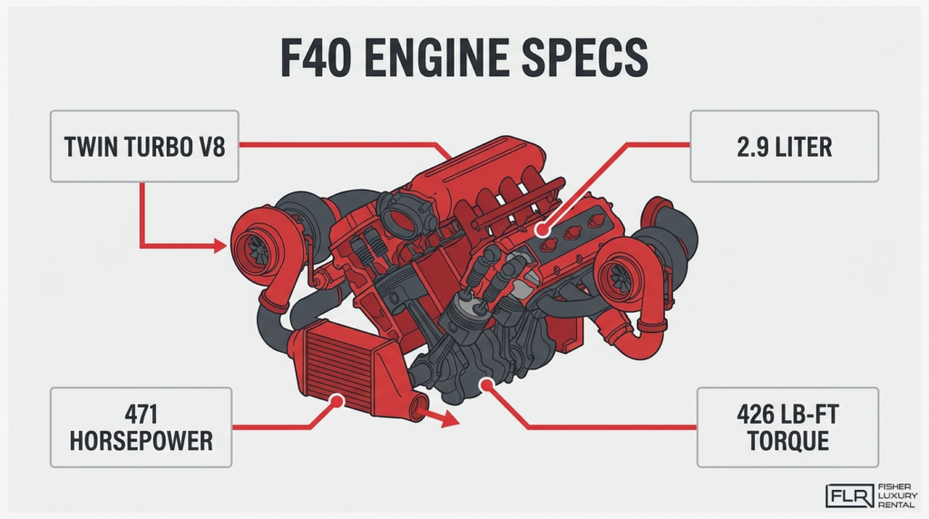 Ferrari F40 engine specs infographic showing twin turbo V8, 2.9 liter engine, horsepower, and torque.