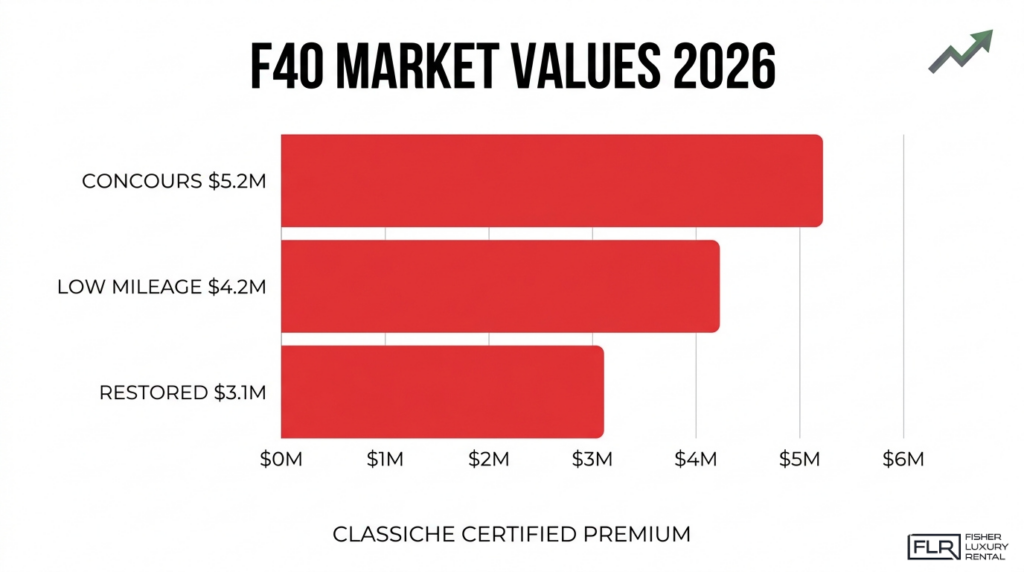 Ferrari F40 2026 market value chart comparing concours, low mileage, and restored models.