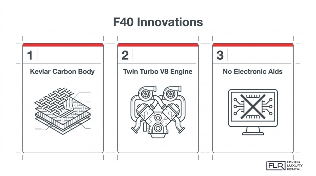Ferrari F40 innovations infographic highlighting Kevlar carbon body, twin turbo V8 engine, and no electronic driver aids.