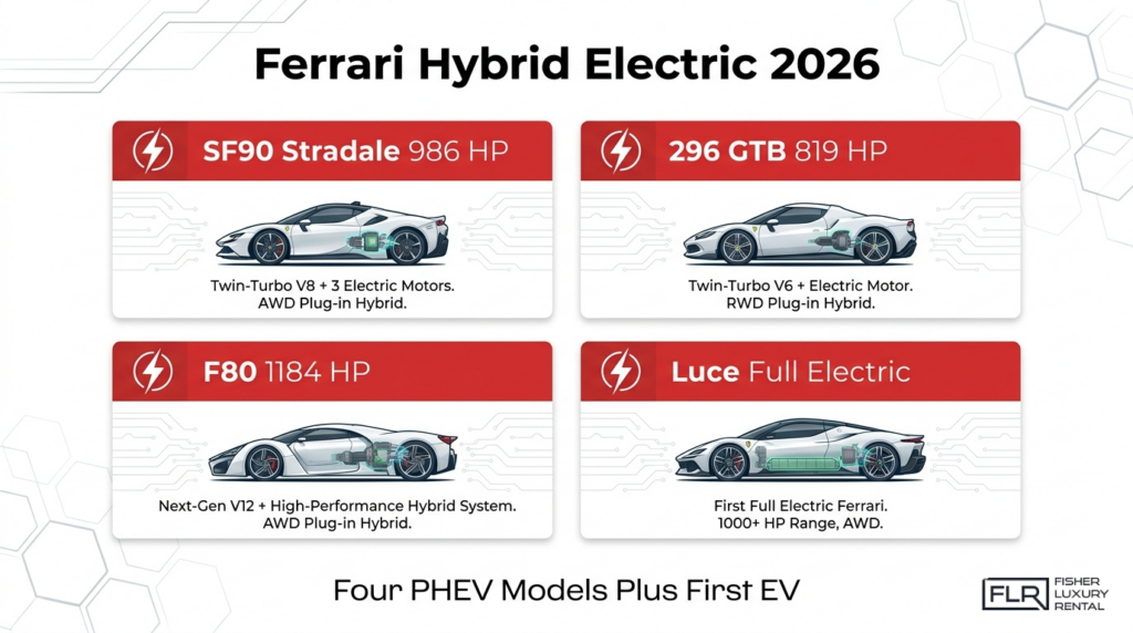 Ferrari hybrid electric 2026 infographic featuring SF90 Stradale, 296 GTB, F80, and Luce electric performance models.
