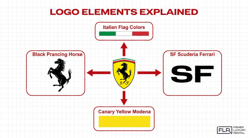 Ferrari logo elements infographic explaining the black prancing horse, Italian flag colors, SF initials, and Modena yellow shield
