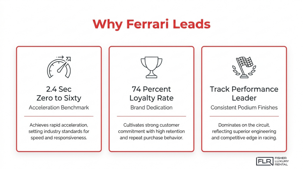 Ferrari performance infographic showing acceleration, loyalty rate, and track performance advantages for luxury car enthusiasts.