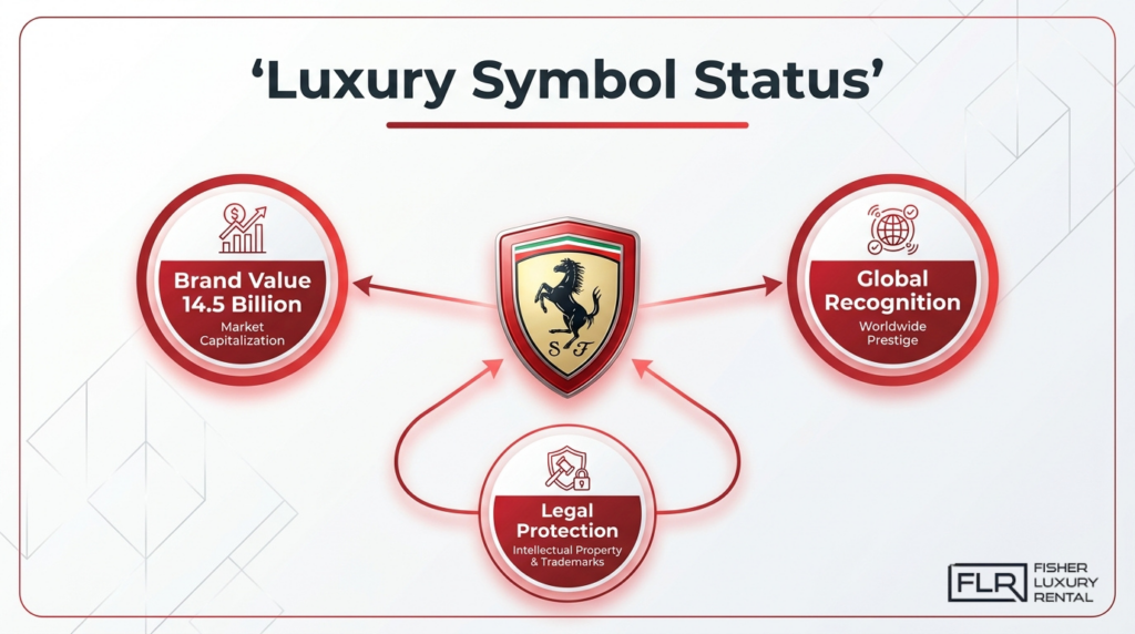 Ferrari luxury brand status infographic showing brand value, global recognition, and trademark protection