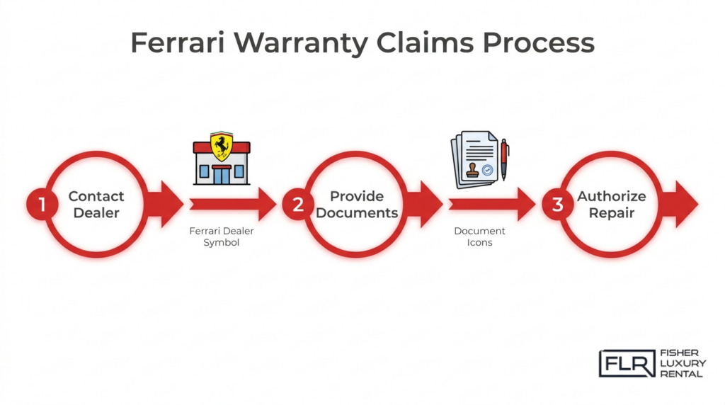 Ferrari warranty claims process infographic showing dealer contact, document submission, and repair authorization steps.