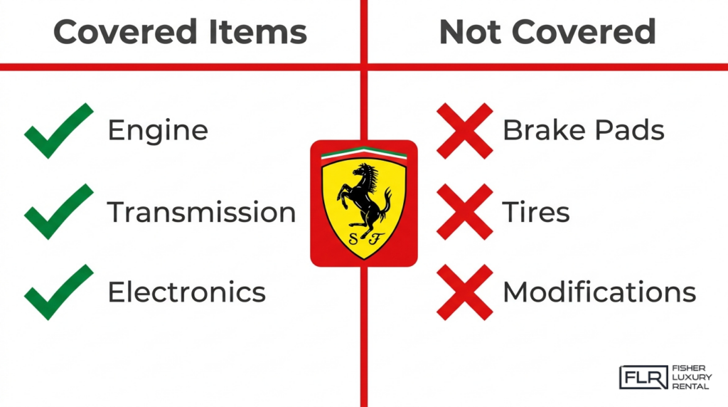 Ferrari warranty coverage comparison showing covered engine, transmission, and electronics versus excluded tires, brake pads, and modifications.
