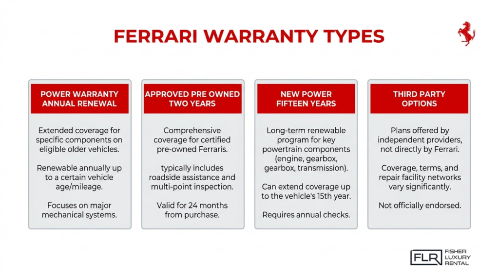 Ferrari warranty types infographic comparing power warranty, pre-owned coverage, new power plan, and third-party options.