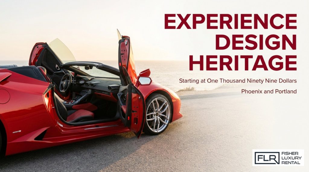 Red Lamborghini with scissor doors open beside design heritage rental details for Phoenix and Portland.