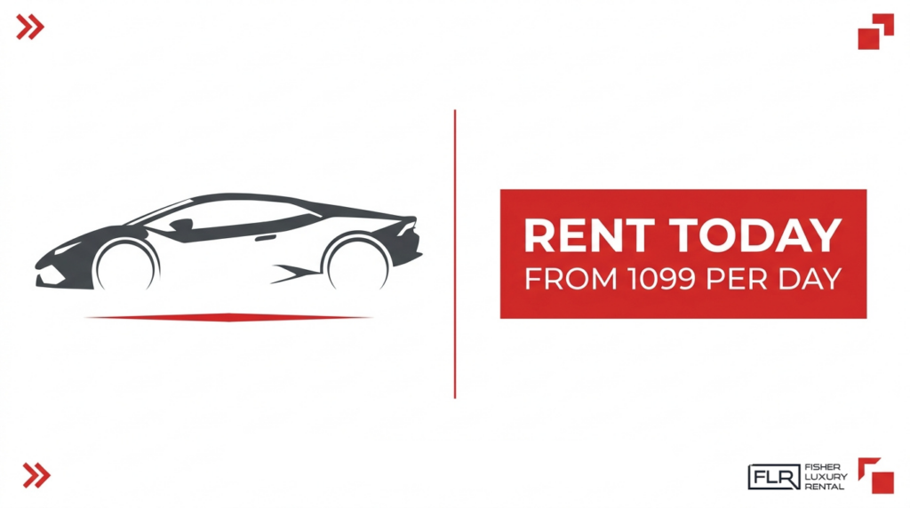 Lamborghini rental promotion graphic with sports car silhouette and daily rate from Fisher Luxury Rental.