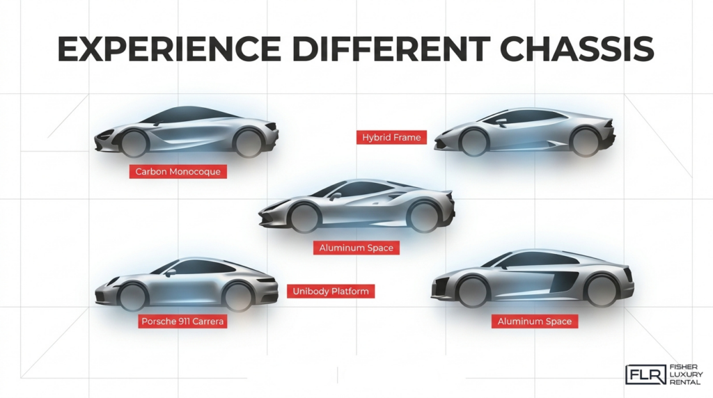Luxury car chassis comparison showing carbon monocoque, hybrid frame, aluminum space frame, and unibody platform designs