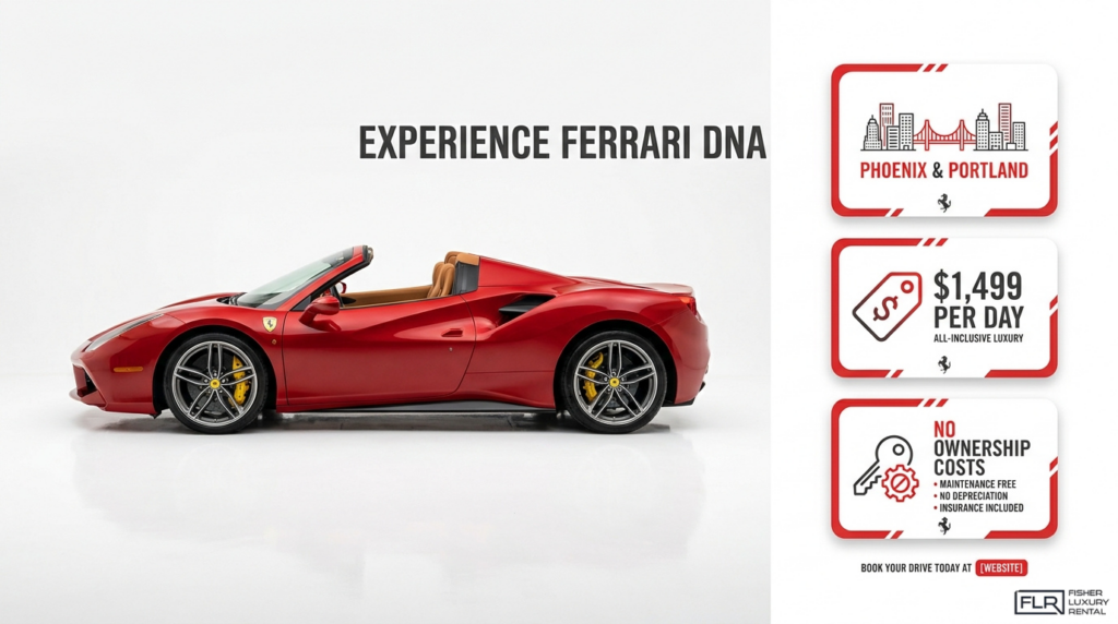 Red Ferrari convertible shown in profile with luxury rental details for Phoenix and Portland.
