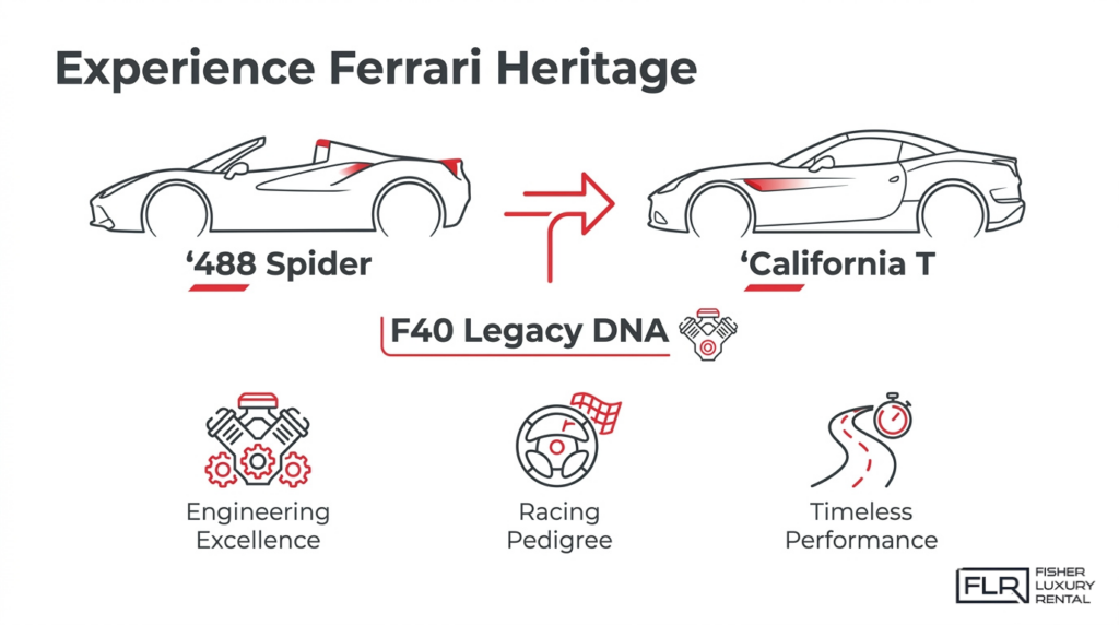 Ferrari heritage infographic showing the 488 Spider and California T with F40 legacy DNA, engineering excellence, racing pedigree, and timeless performance.