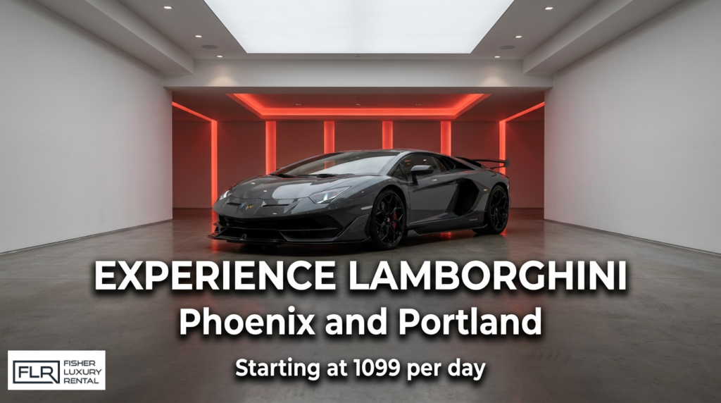 Lamborghini rental banner in Phoenix and Portland with black supercar in luxury garage and daily rate.