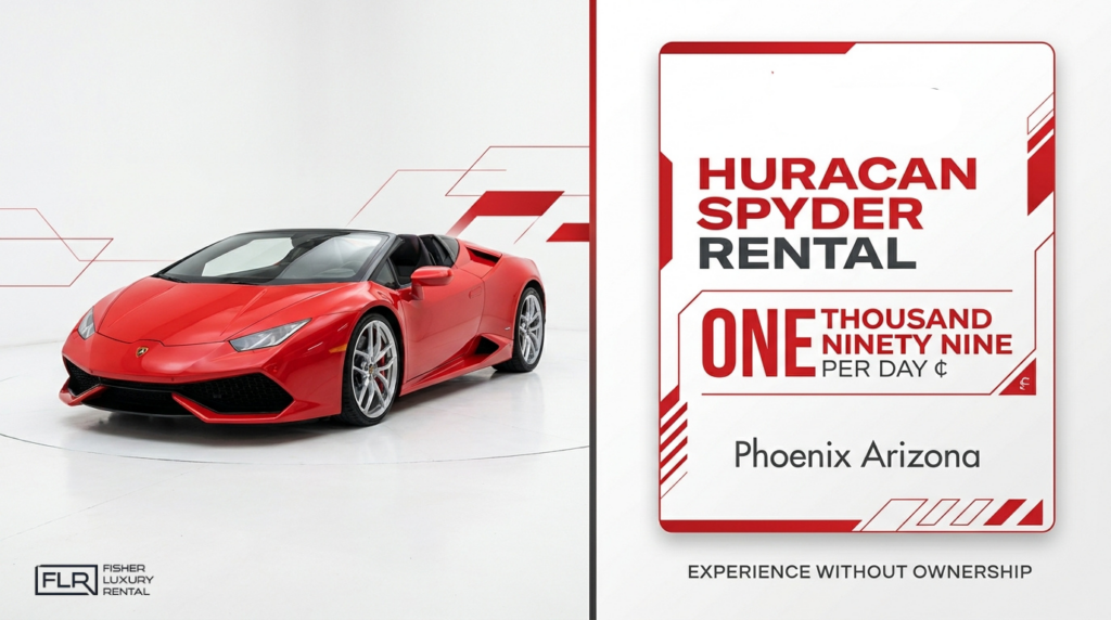 Lamborghini Huracan Spyder rental banner with red convertible and Phoenix daily pricing details.