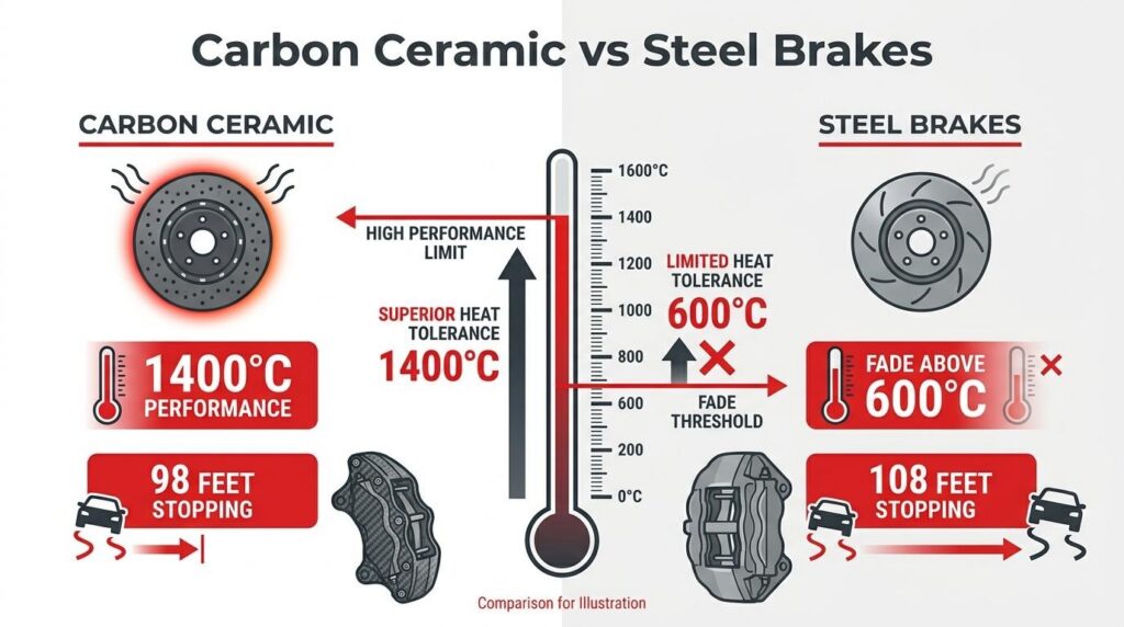 Infographic of showing the Carbon Ceramic vs steel Brakes.