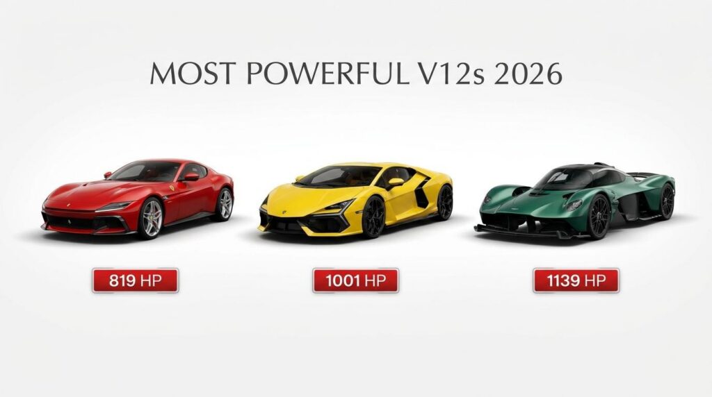 infographics of showing the Most Powerful V12 Engines in 2026