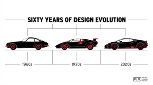 Lamborghini design evolution timeline showing sports car styling from the 1960s, 1970s, and 2020s.