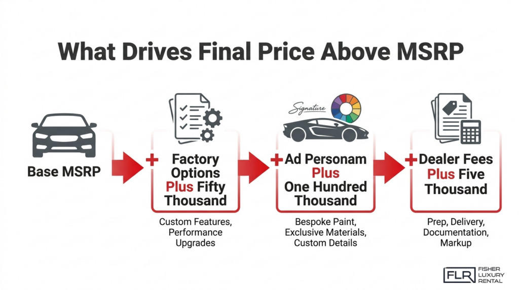 Lamborghini price markup infographic showing MSRP, factory options, Ad Personam customization, and dealer fees.