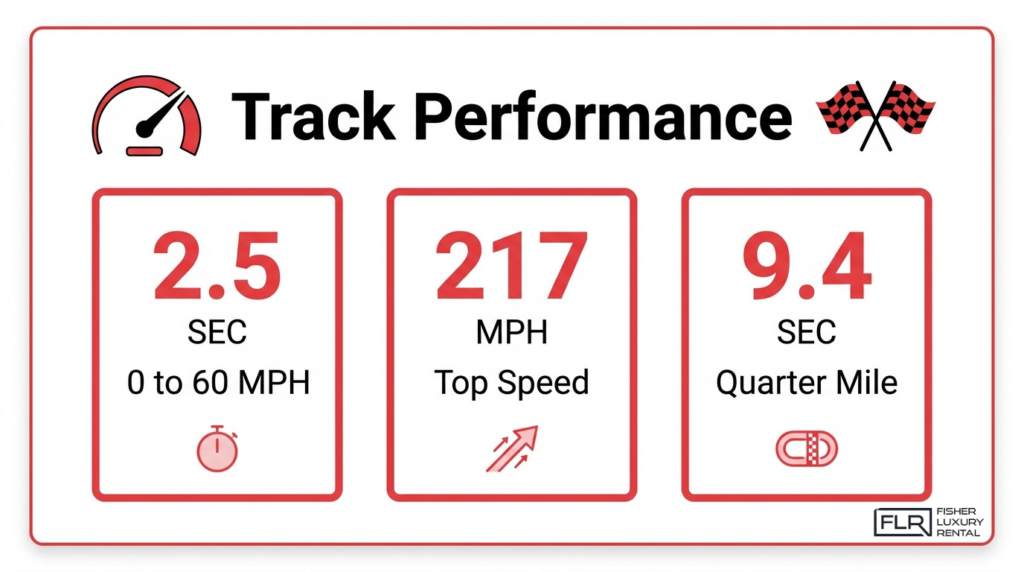 Lamborghini track performance infographic with 0 to 60 time, top speed, and quarter mile stats.