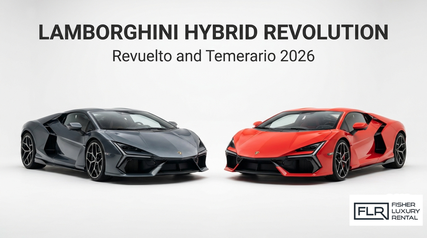 Lamborghini hybrid revolution graphic featuring Revuelto and Temerario 2026 supercars side by side.