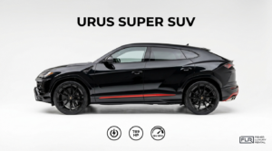 Black Lamborghini Urus super SUV side profile with 789 HP, hybrid power, and 194 MPH top speed.