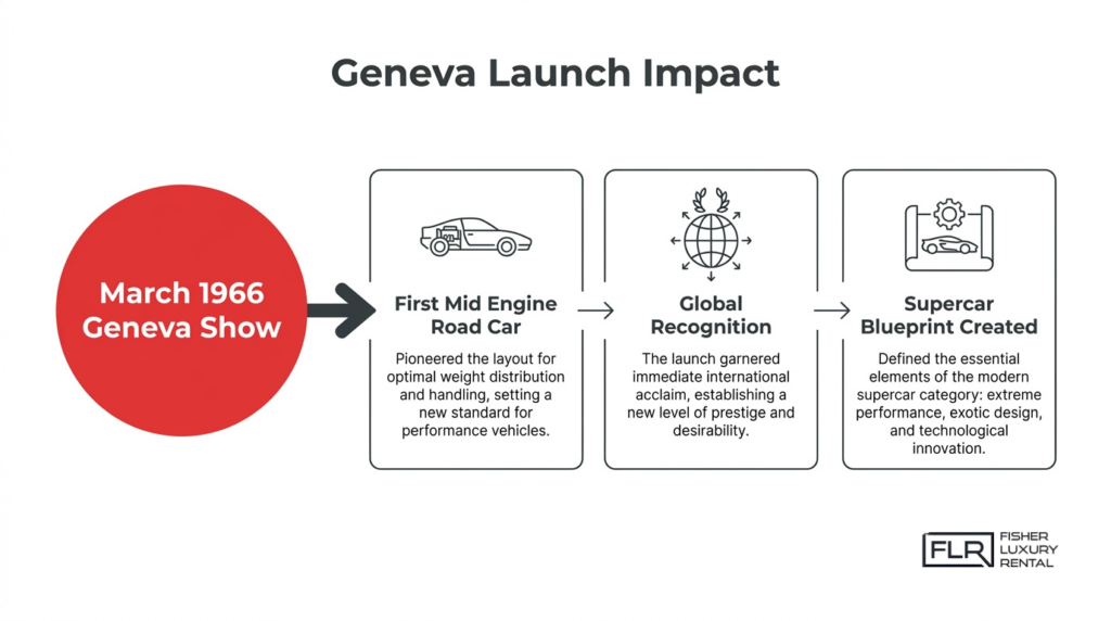 Geneva launch impact infographic highlighting the Lamborghini Miura as the first mid engine road car.