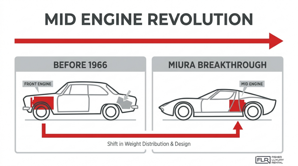 Mid engine revolution infographic comparing front engine car layout with Lamborghini Miura mid engine design.