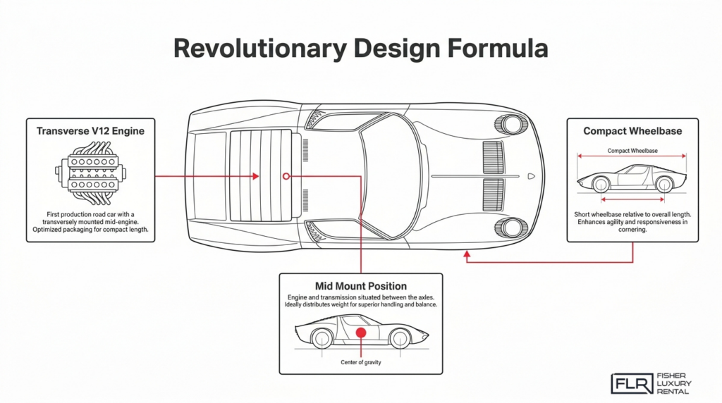 Lamborghini Miura design formula diagram showing transverse V12 engine, mid mount position, and compact wheelbase.