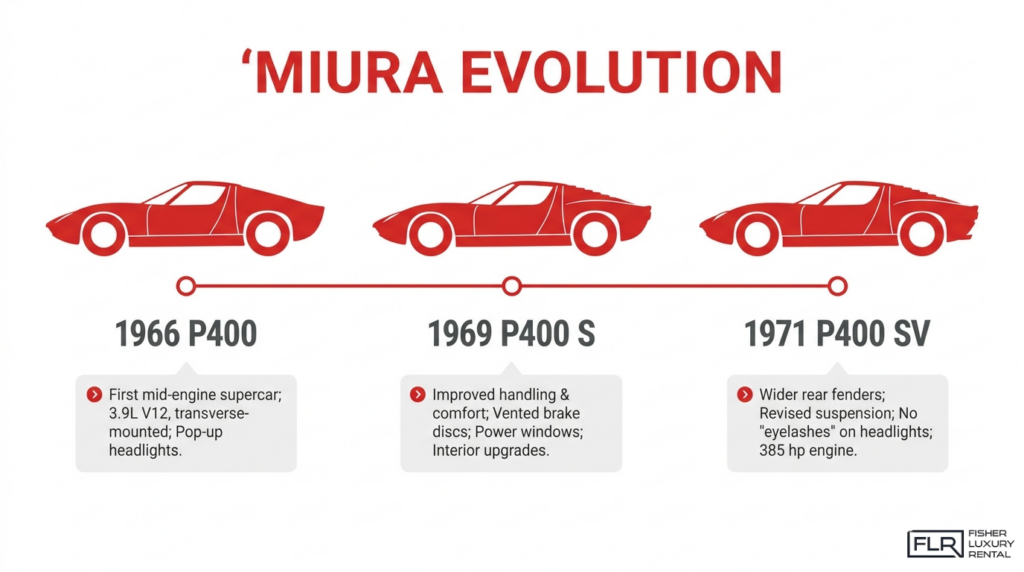 Lamborghini Miura evolution timeline showing 1966 P400, 1969 P400 S, and 1971 P400 SV models.
