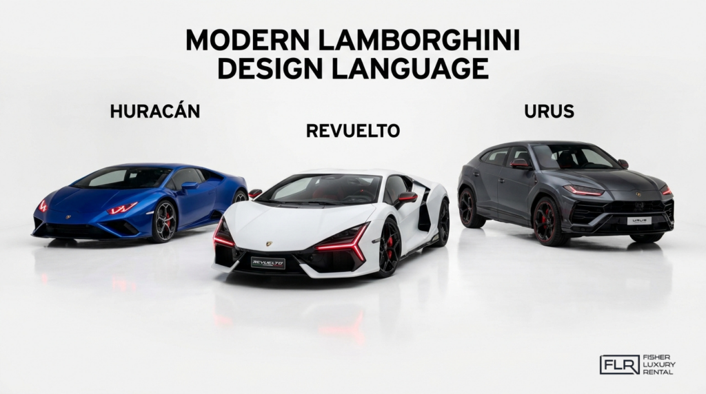 Modern Lamborghini design language comparison featuring Huracan, Revuelto, and Urus models.