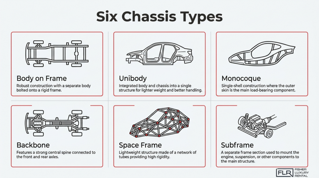 Six car chassis types infographic showing body-on-frame, unibody, monocoque, backbone, space frame, and subframe designs