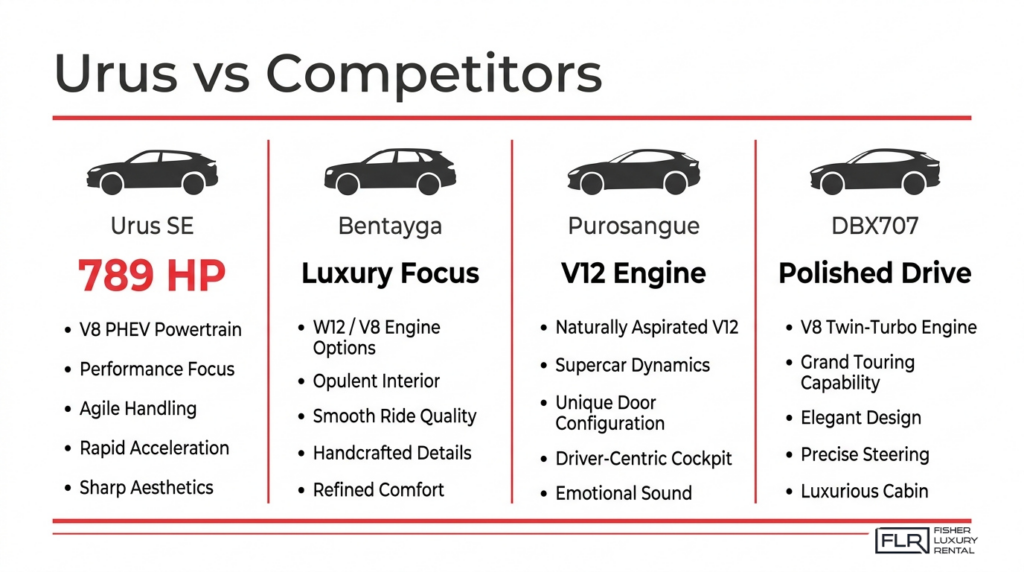 Lamborghini Urus SE competitor comparison with Bentley Bentayga, Ferrari Purosangue, and Aston Martin DBX707.