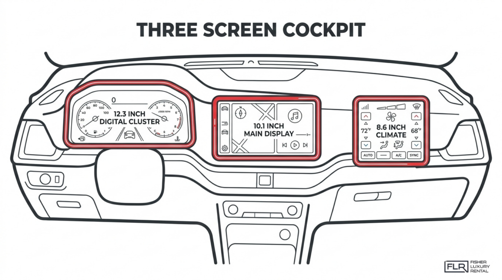Lamborghini Urus three screen cockpit infographic showing digital cluster, main display, and climate screen.