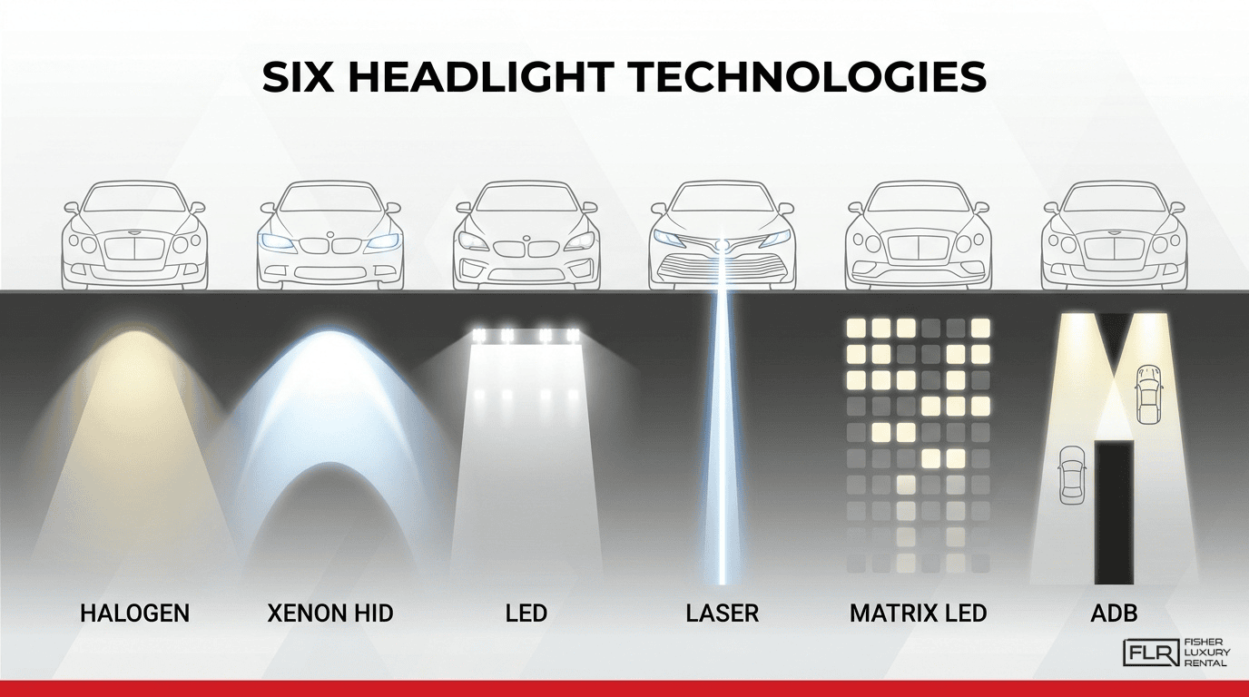 Six headlight technologies comparison showing halogen, xenon HID, LED, laser, matrix LED, and adaptive driving beam patterns for luxury cars