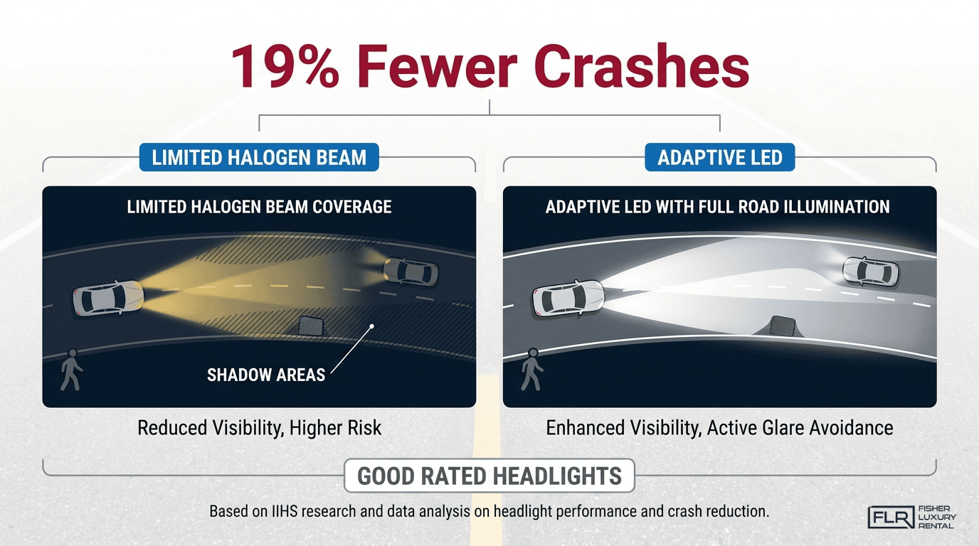 Adaptive LED headlight safety comparison showing improved road illumination and 19 percent fewer crashes than limited halogen beams