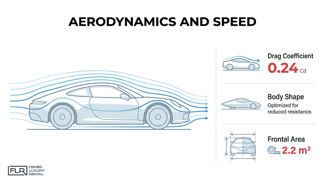 Aerodynamics and speed infographic showing airflow over a sports car with drag coefficient, optimized body shape, and frontal area factors.