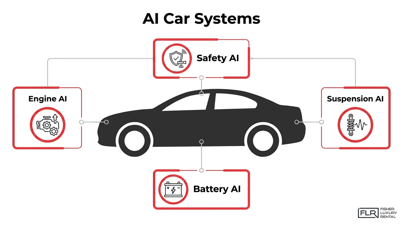 AI car systems infographic showing engine AI, safety AI, suspension AI, and battery AI connected to a vehicle