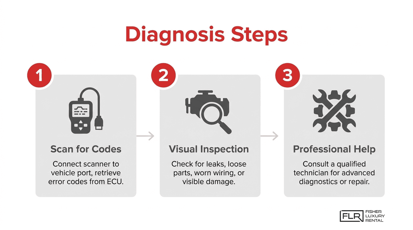 Diagnostic steps infographic for car acceleration issues, showing scan for codes, visual inspection, and professional help for advanced repairs.