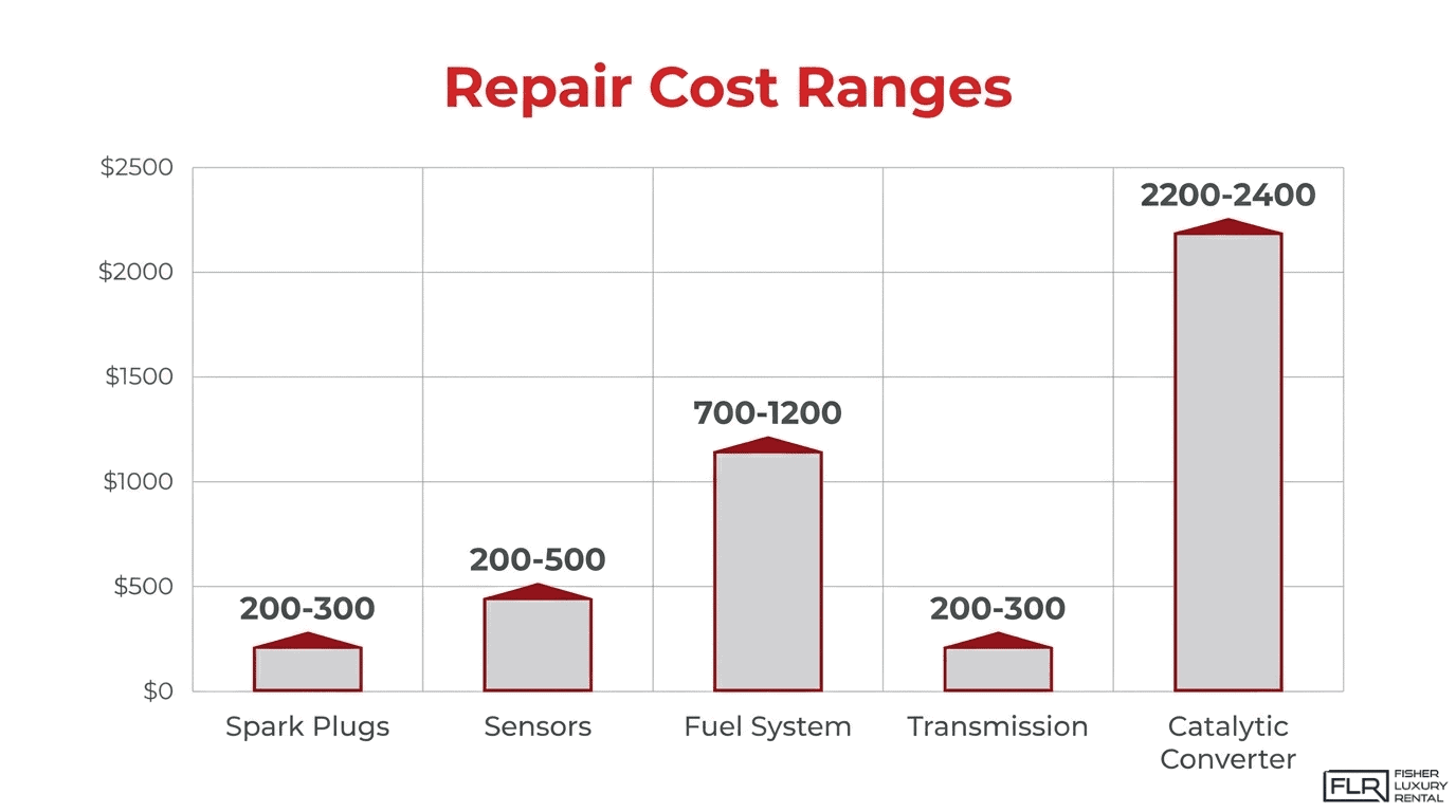 Bar chart showing estimated car acceleration repair cost ranges for spark plugs, sensors, fuel system, transmission, and catalytic converter.