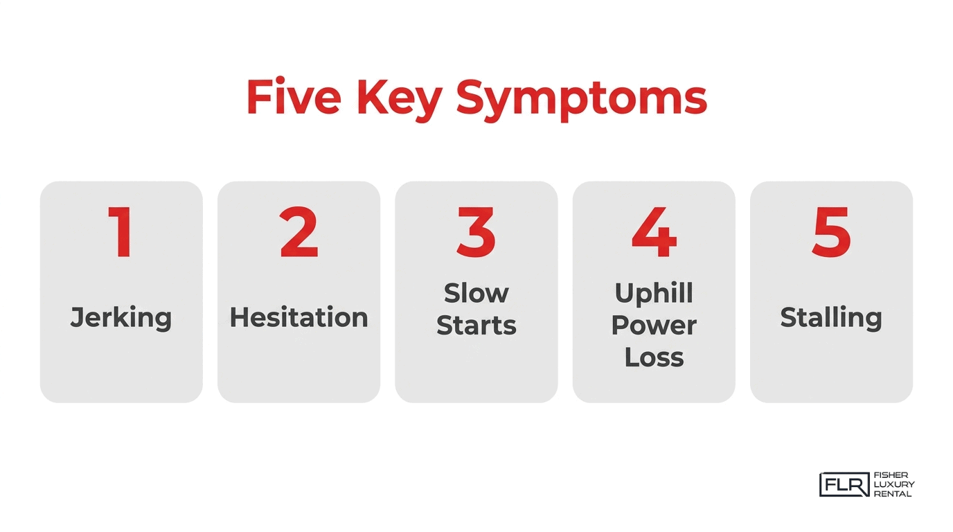 Infographic listing five key symptoms of car acceleration problems: jerking, hesitation, slow starts, uphill power loss, and stalling.