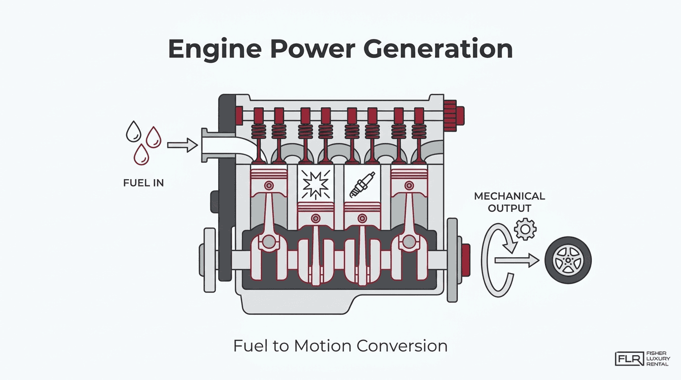 Diagram showing engine power generation with fuel entering the engine and converting combustion energy into mechanical output for motion.