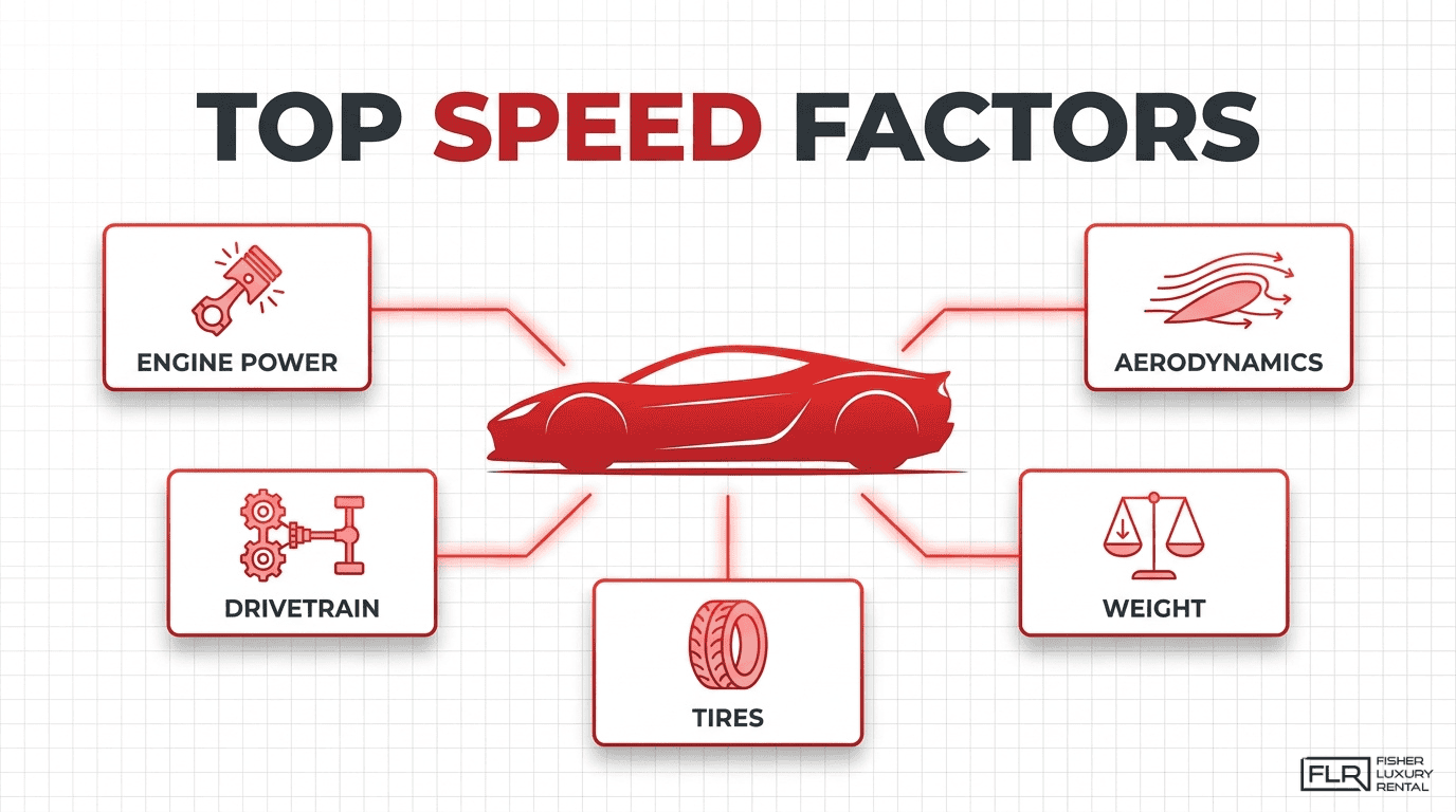 Top speed factors infographic showing engine power, drivetrain, tires, aerodynamics, and weight affecting supercar performance.
