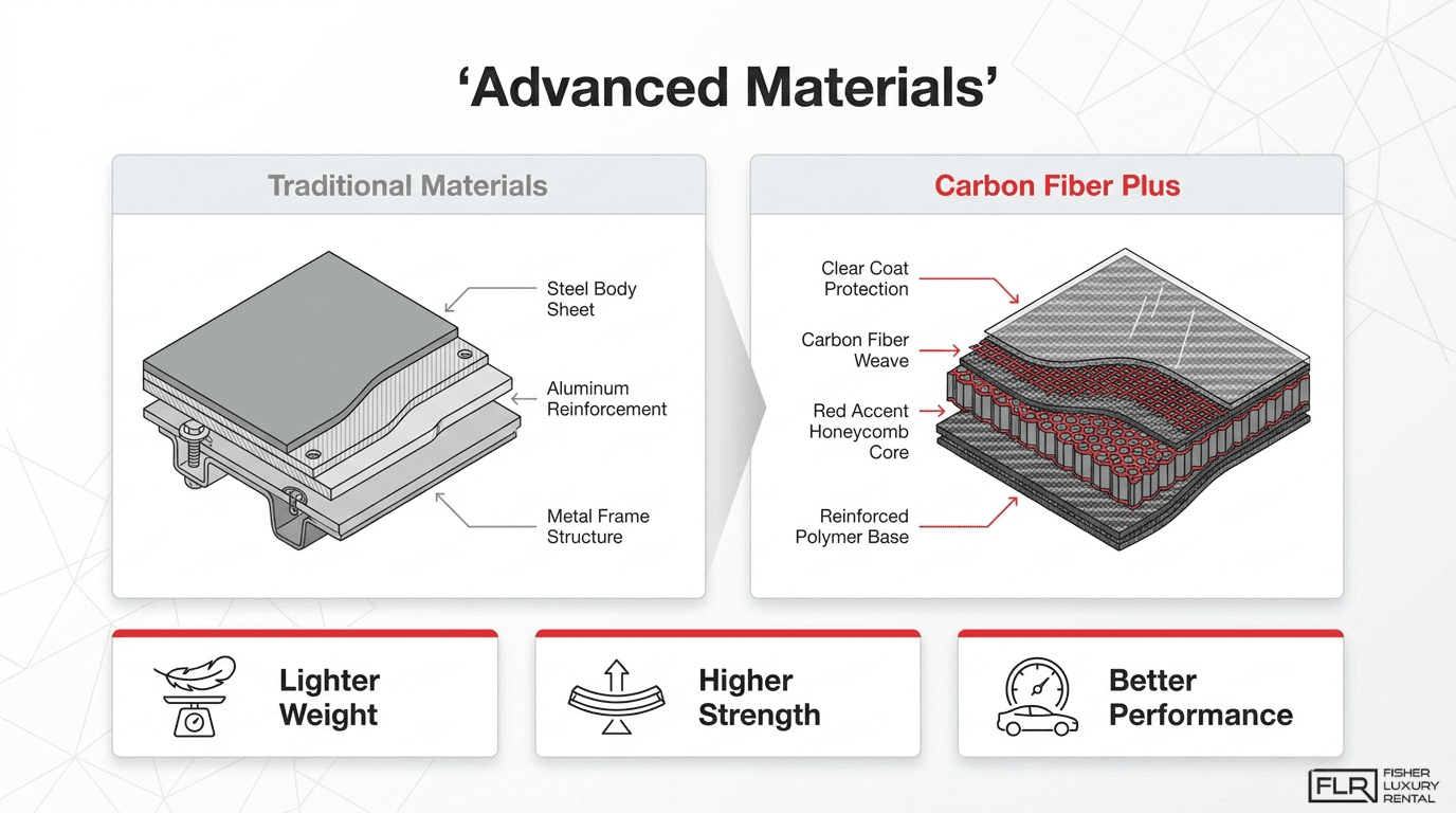 Advanced automotive materials comparison showing traditional steel and aluminum construction versus carbon fiber composite structure