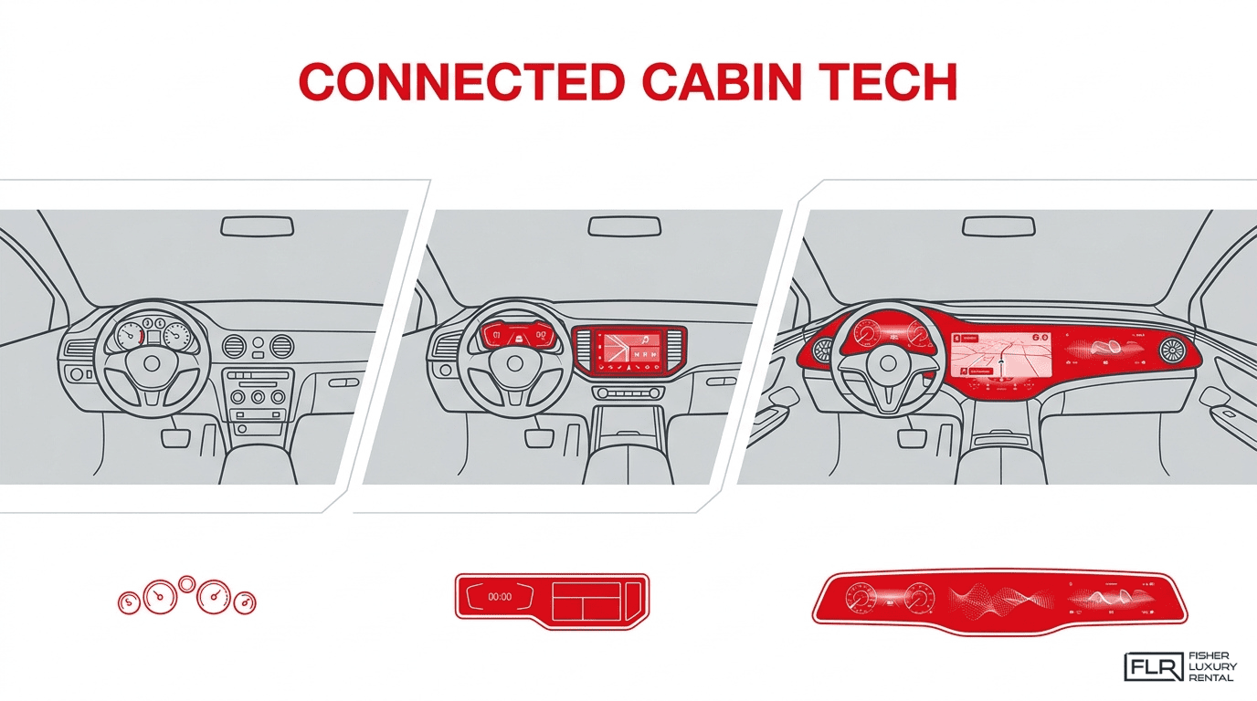 Connected cabin technology diagram showing the evolution from traditional dashboards to digital displays and full-width smart cockpit screens