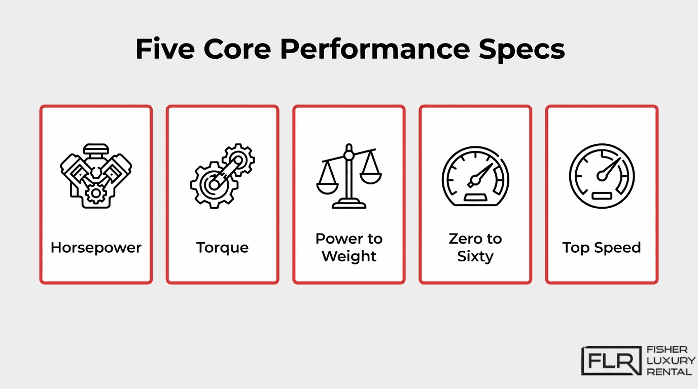 Five core exotic car performance specs infographic showing horsepower, torque, power-to-weight ratio, zero-to-sixty acceleration, and top speed.