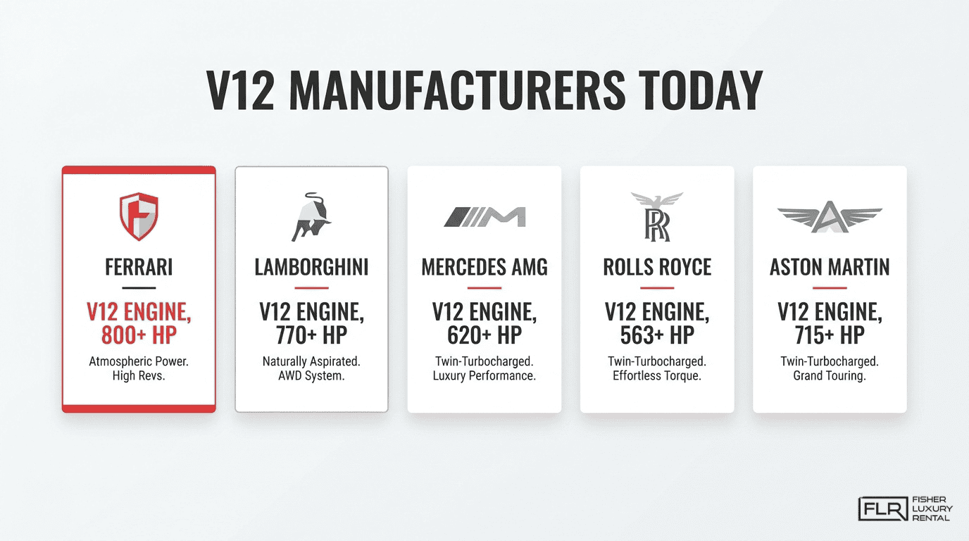 V12 manufacturers today infographic comparing Ferrari, Lamborghini, Mercedes AMG, Rolls Royce, and Aston Martin V12 engine horsepower.
